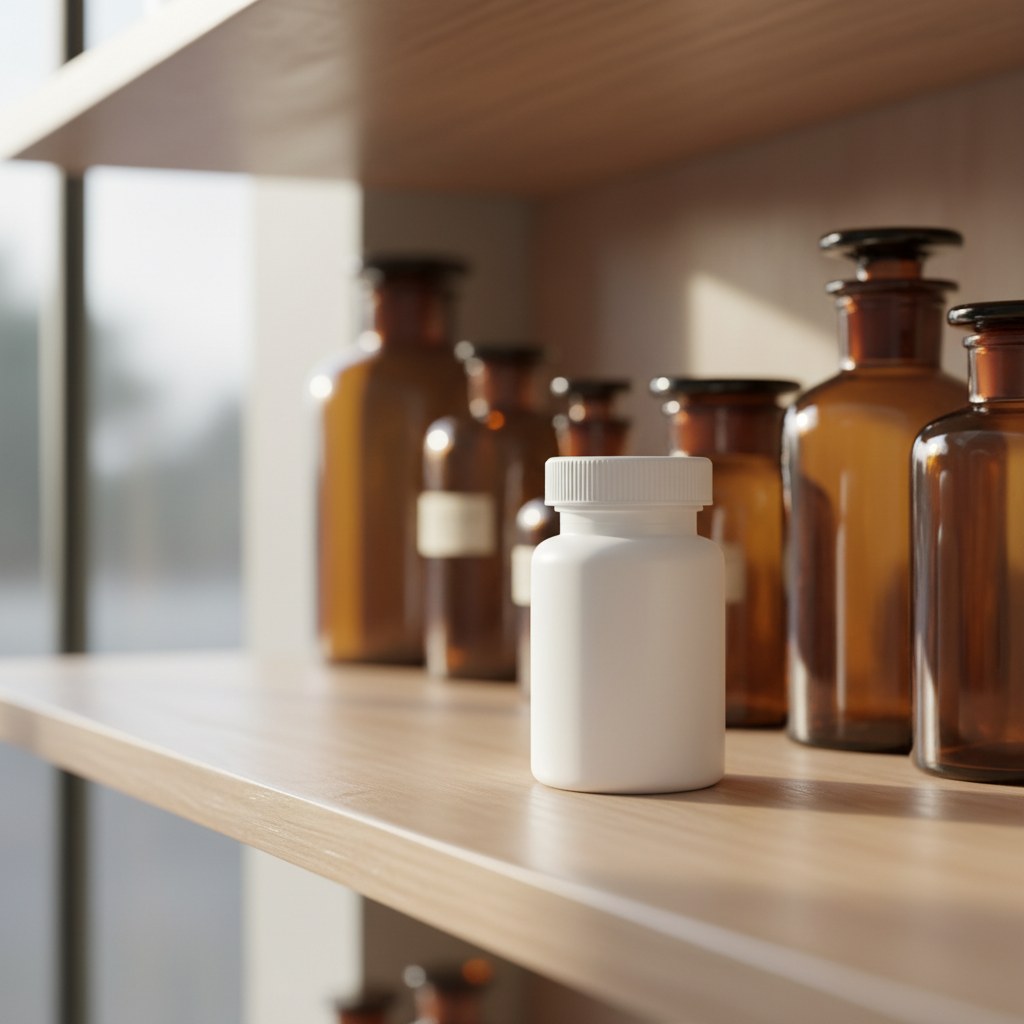 Supplement tablet bottle on a wooden pharmacy shelf in soft natural daylight
